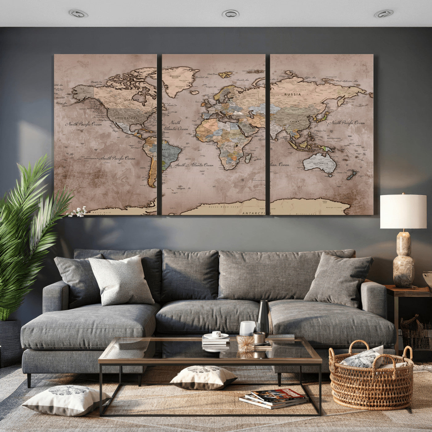 91471273-MGV-CV-36X24 - World Map Wall Art Canvas Print, Modern Decorative Framed Map Artwork Prints for Living Room, Office, Bedroom Wall Decor
