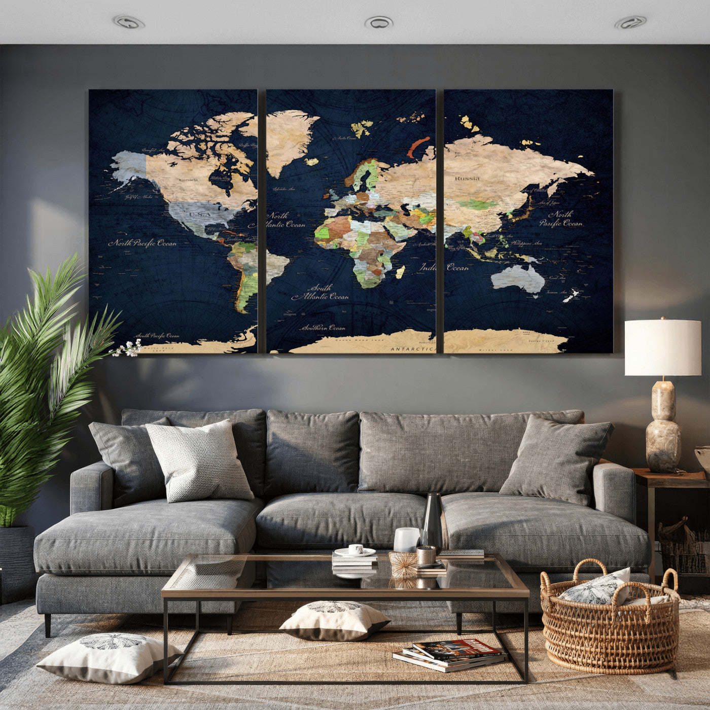 76603563-MGV-CV-36X24 - World Map Wall Art Canvas Print, Modern Decorative Framed Map Artwork Prints for Living Room, Office, Bedroom Wall Decor