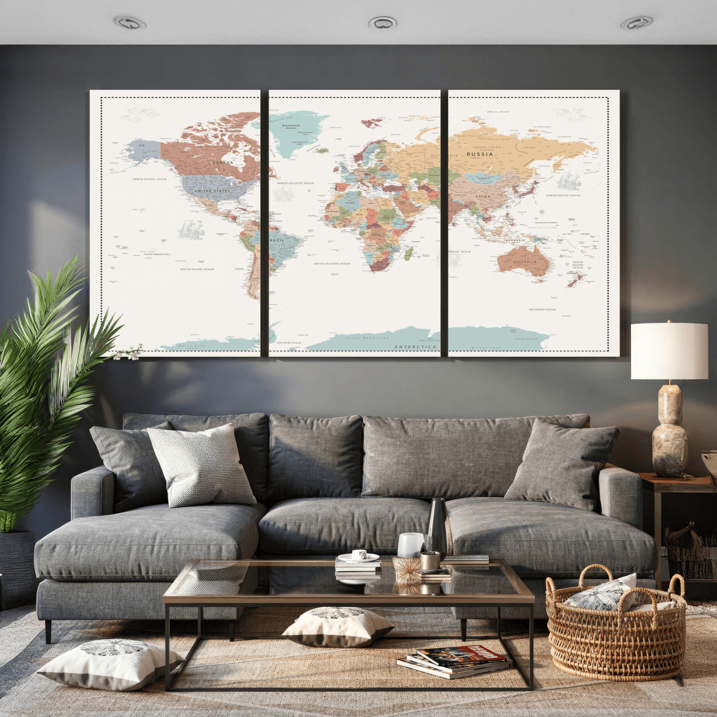 63447567-MGV-CV-36X24 - World Map Wall Art Canvas Print, Modern Decorative Framed Map Artwork Prints for Living Room, Office, Bedroom Wall Decor