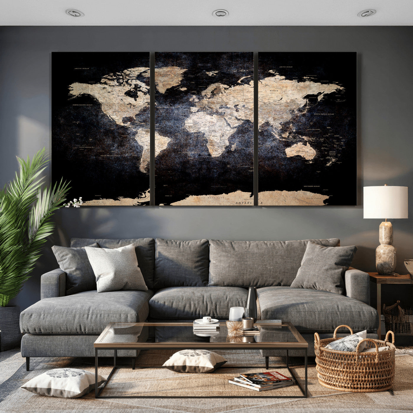 56713386-MGV-CV-36X24 - World Map Wall Art Canvas Print, Modern Decorative Framed Map Artwork Prints for Living Room, Office, Bedroom Wall Decor