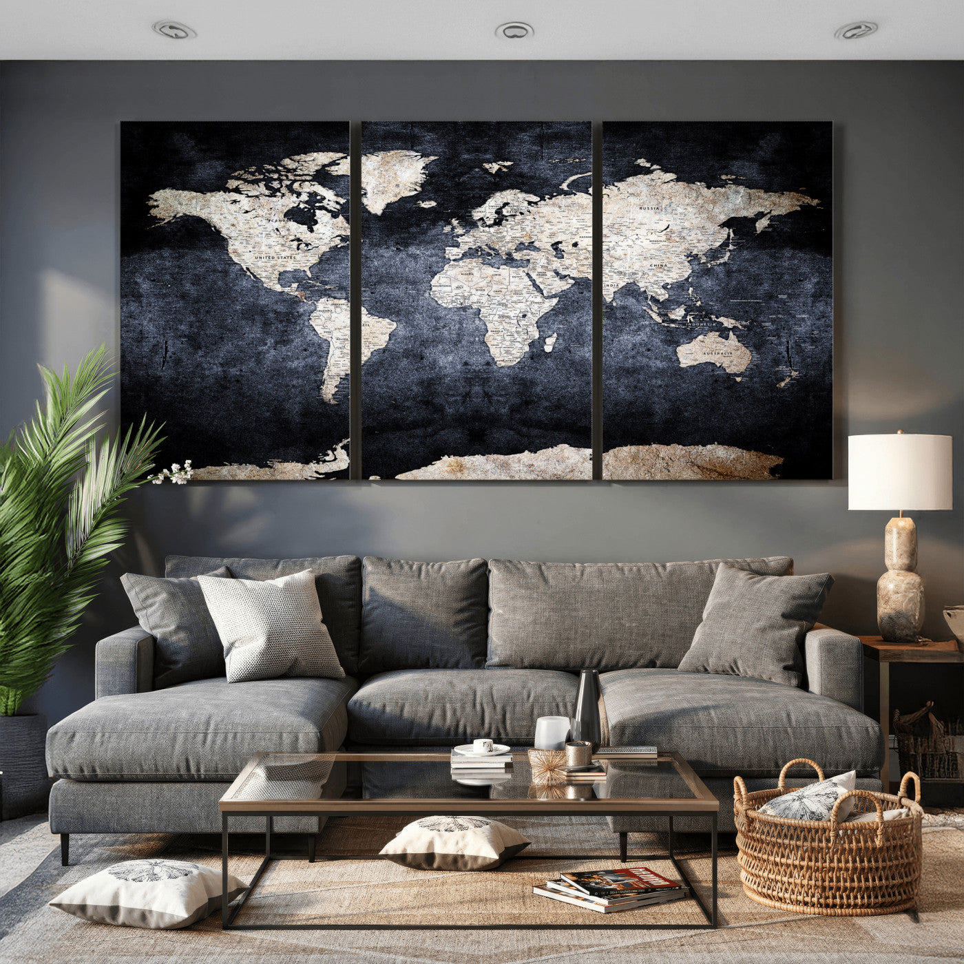 41193404-MGV-CV-36X24 - World Map Wall Art Canvas Print, Modern Decorative Framed Map Artwork Prints for Living Room, Office, Bedroom Wall Decor