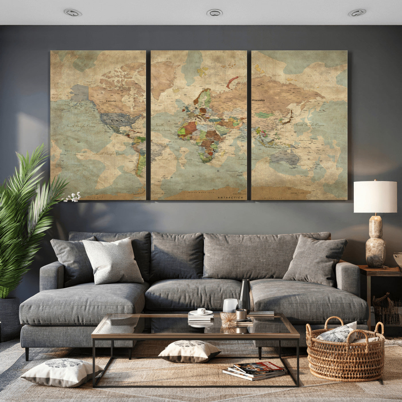 31492148-MGV-CV-36X24 - World Map Wall Art Canvas Print, Modern Decorative Framed Map Artwork Prints for Living Room, Office, Bedroom Wall Decor