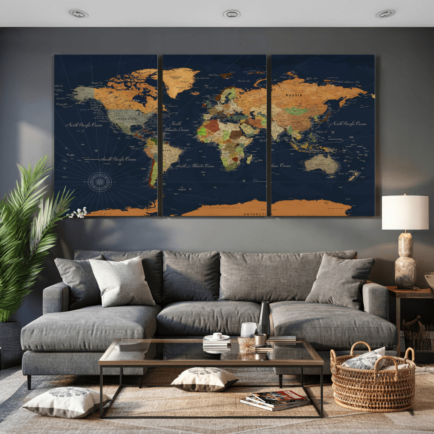11715182-MGV-CV-36X24 - World Map Wall Art Canvas Print, Modern Decorative Framed Map Artwork Prints for Living Room, Office, Bedroom Wall Decor