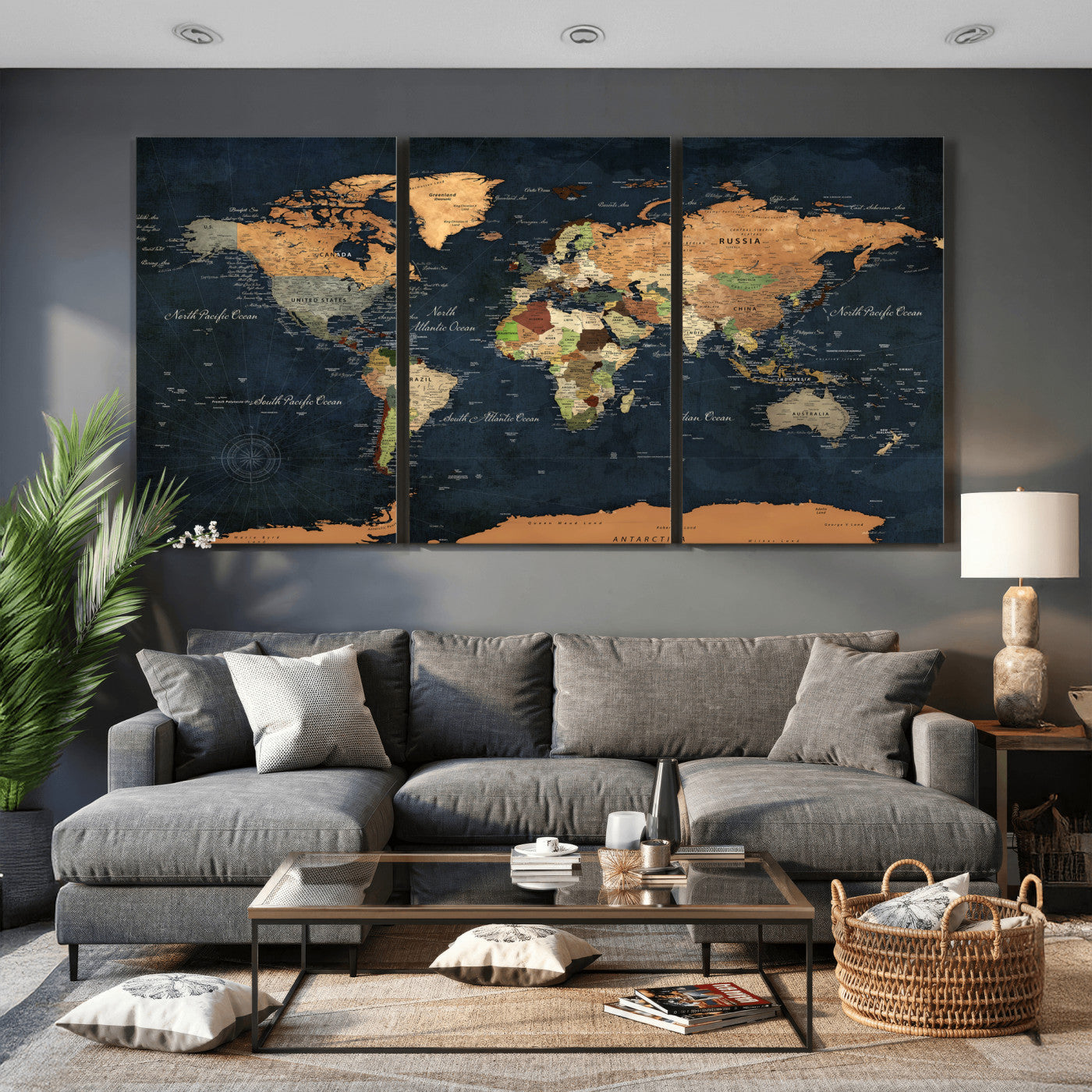 53717402-MGV-CV-36X24 - World Map Wall Art Canvas Print, Modern Decorative Framed Map Artwork Prints for Living Room, Office, Bedroom Wall Decor