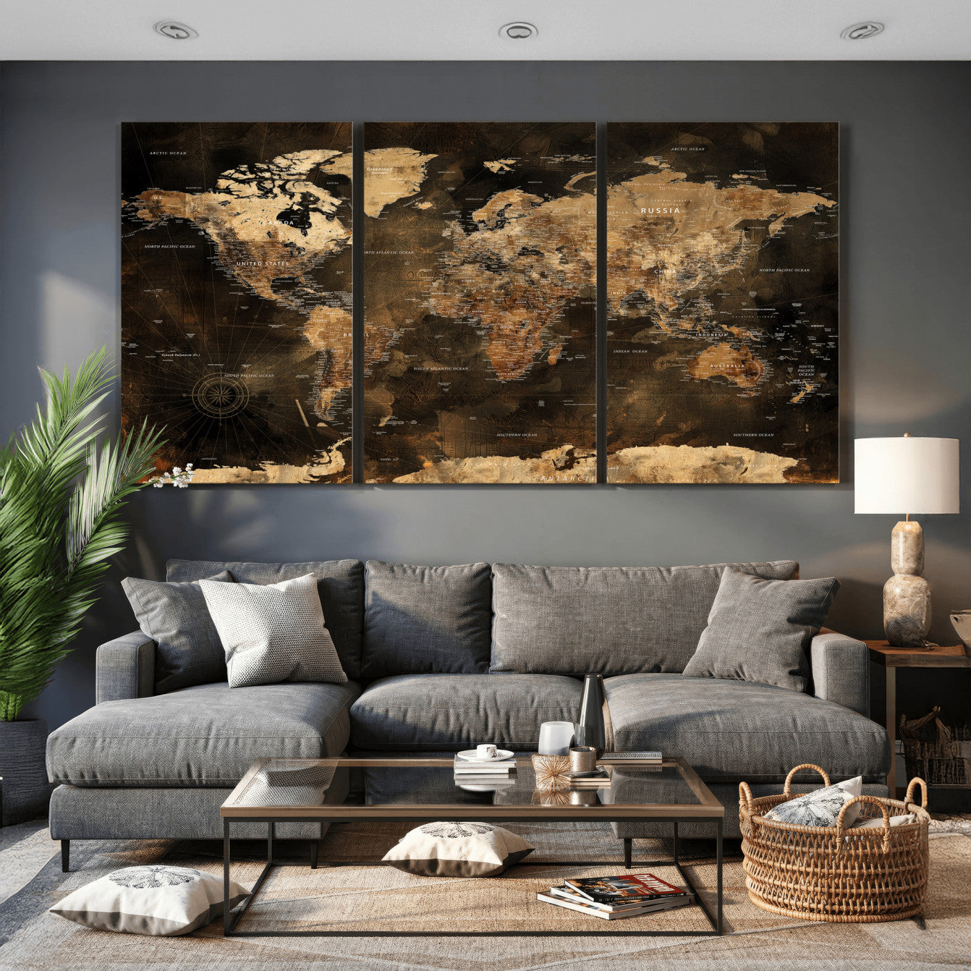 97742922-MGV-CV-36X24 - World Map Wall Art Canvas Print, Modern Decorative Framed Map Artwork Prints for Living Room, Office, Bedroom Wall Decor