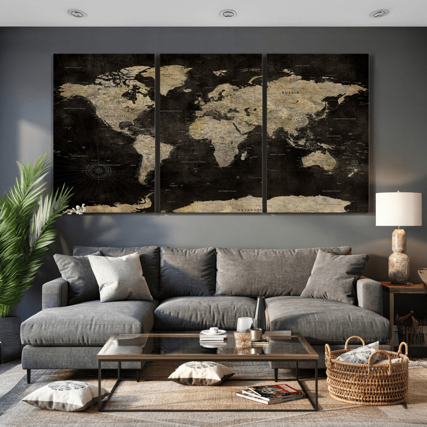 60653880-MGV-CV-36X24 - World Map Wall Art Canvas Print, Modern Decorative Framed Map Artwork Prints for Living Room, Office, Bedroom Wall Decor