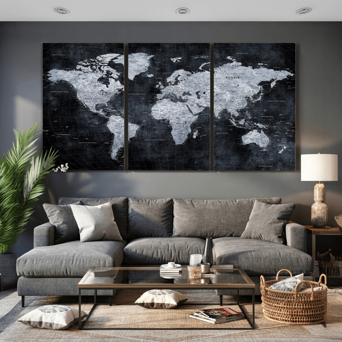 86893704-MGV-CV-36X24 - World Map Wall Art Canvas Print, Modern Decorative Framed Map Artwork Prints for Living Room, Office, Bedroom Wall Decor