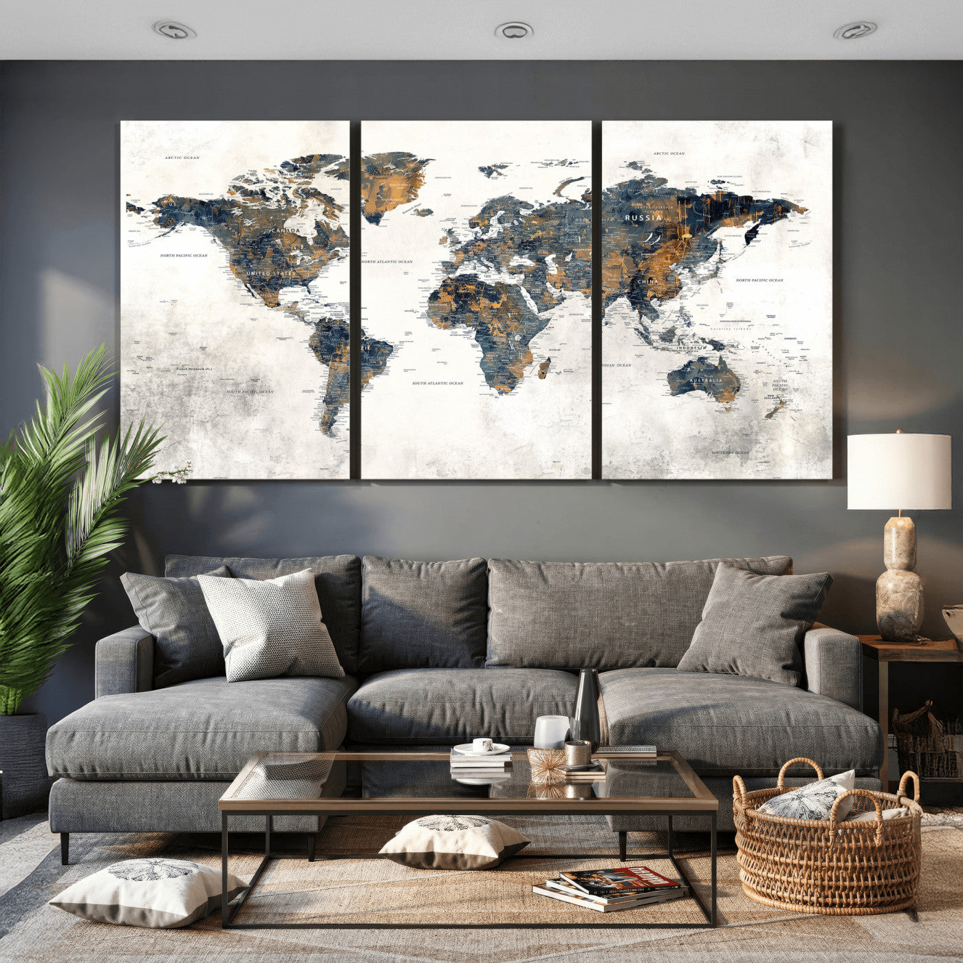 52451147-MGV-CV-36X24 - World Map Wall Art Canvas Print, Modern Decorative Framed Map Artwork Prints for Living Room, Office, Bedroom Wall Decor