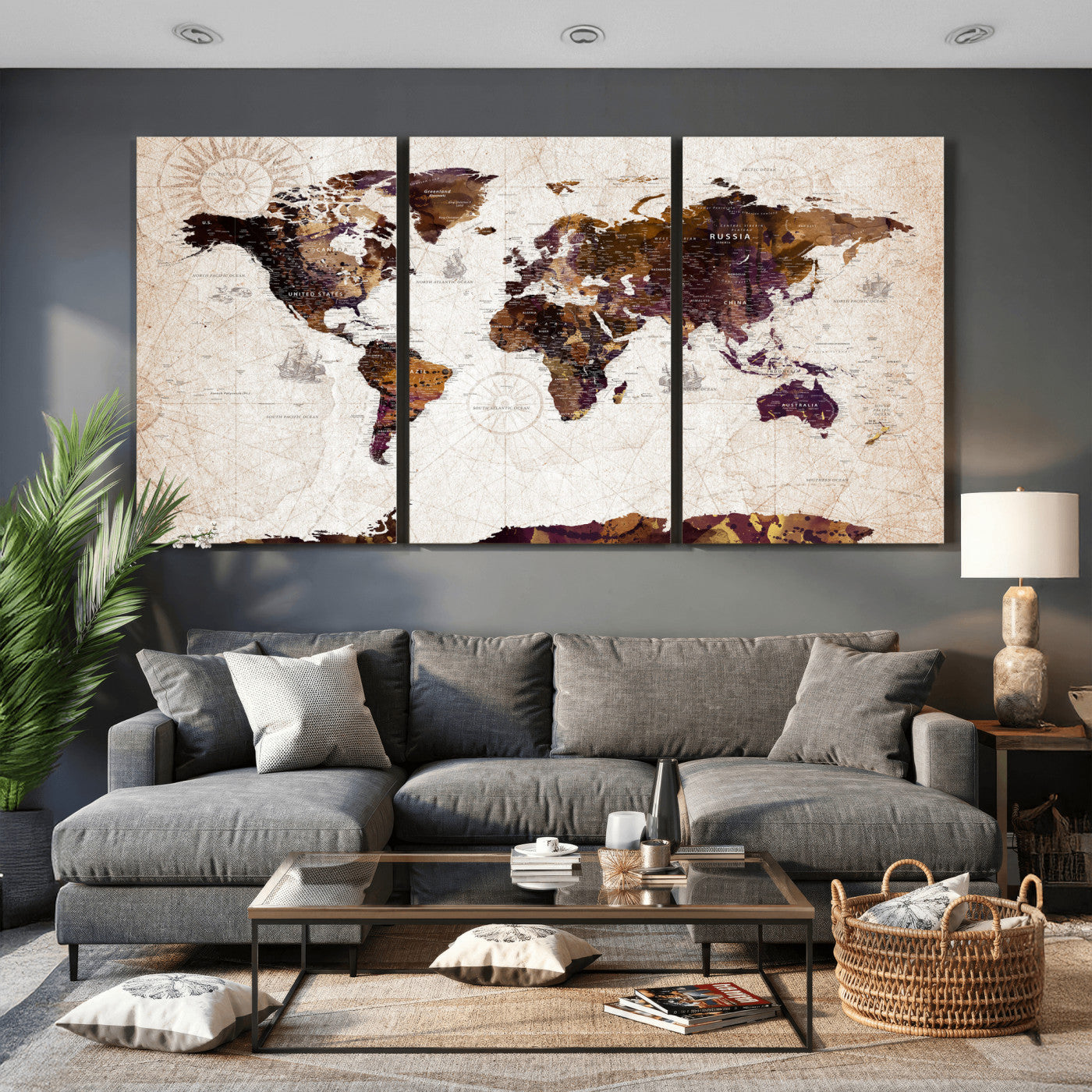 53400857-MGV-CV-36X24 - World Map Wall Art Canvas Print, Modern Decorative Framed Map Artwork Prints for Living Room, Office, Bedroom Wall Decor