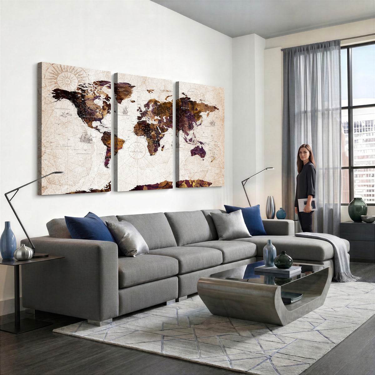 53400857-MGV-CV-36X24 - Blue Watercolor World Map Canvas Print – Framed Modern Wall