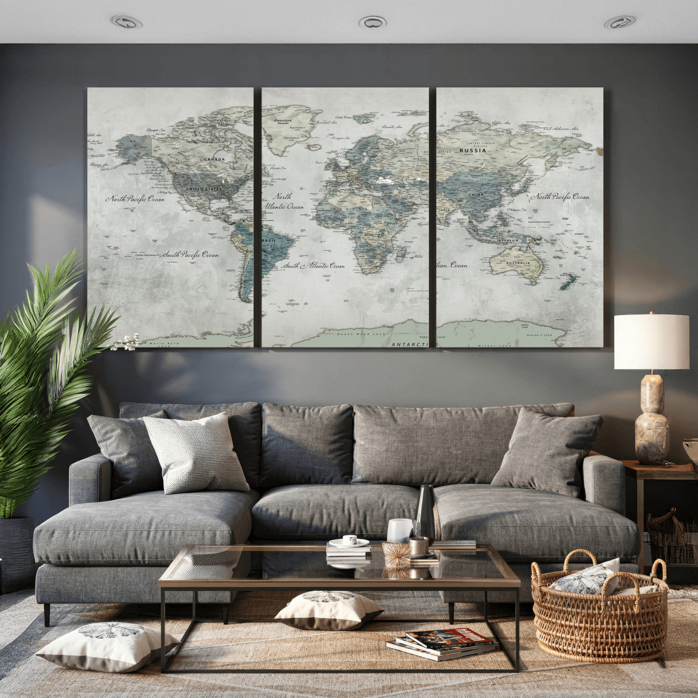 91132939-MGV-CV-36X24 - World Map Wall Art Canvas Print, Modern Decorative Framed Map Artwork Prints for Living Room, Office, Bedroom Wall Decor