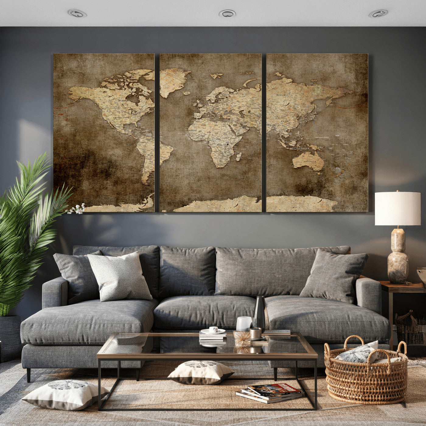 35847542-MGV-CV-36X24 - World Map Wall Art Canvas Print, Modern Decorative Framed Map Artwork Prints for Living Room, Office, Bedroom Wall Decor