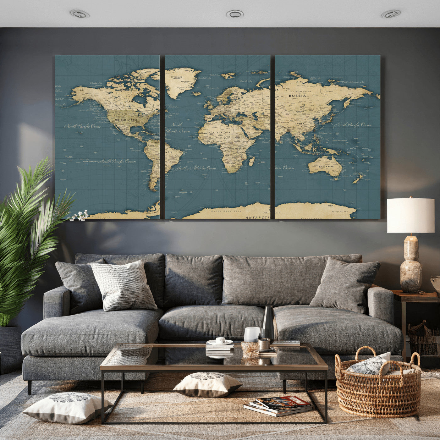 99599383-MGV-CV-36X24 - World Map Wall Art Canvas Print, Modern Decorative Framed Map Artwork Prints for Living Room, Office, Bedroom Wall Decor