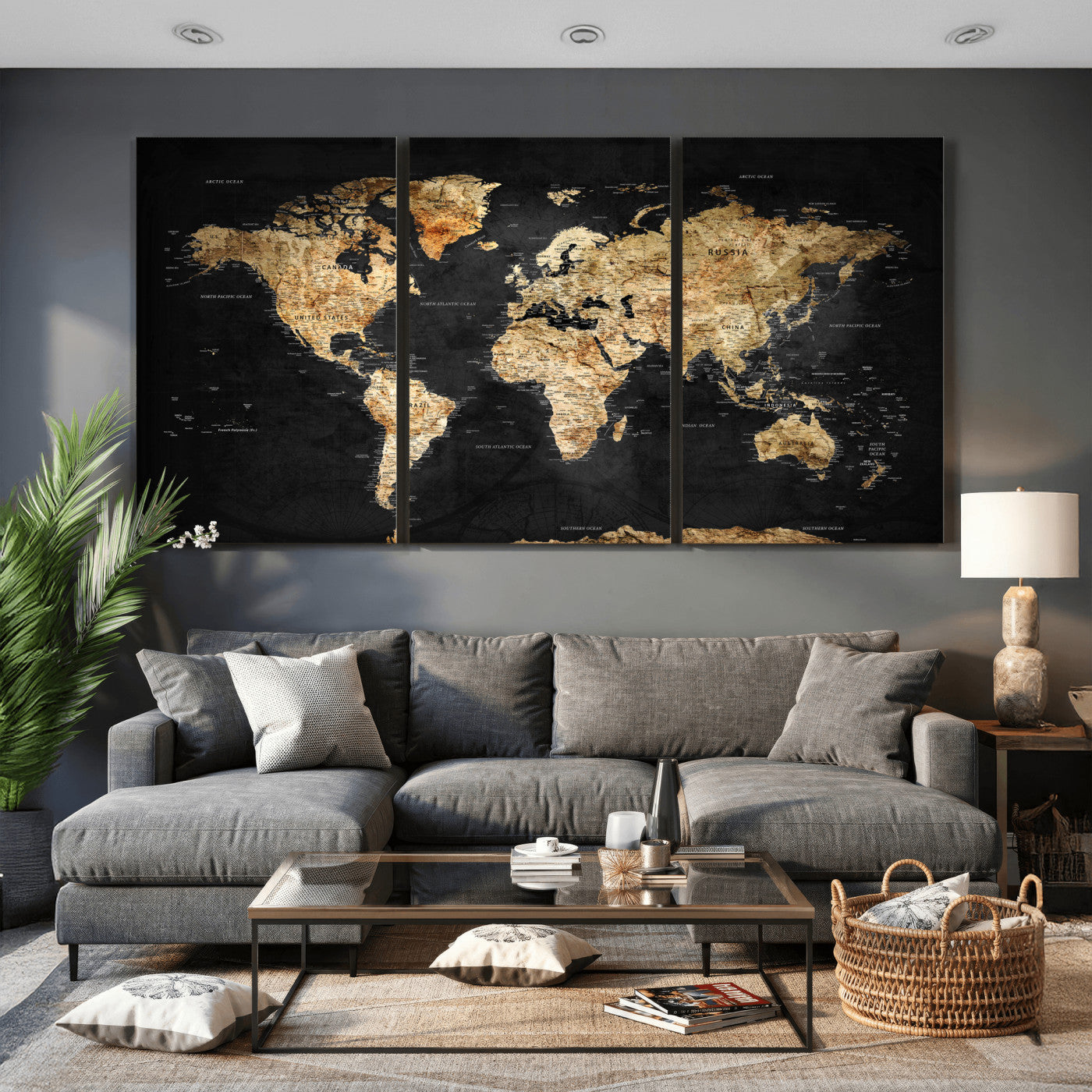 23568589-MGV-CV-36X24 - World Map Wall Art Canvas Print, Modern Decorative Framed Map Artwork Prints for Living Room, Office, Bedroom Wall Decor