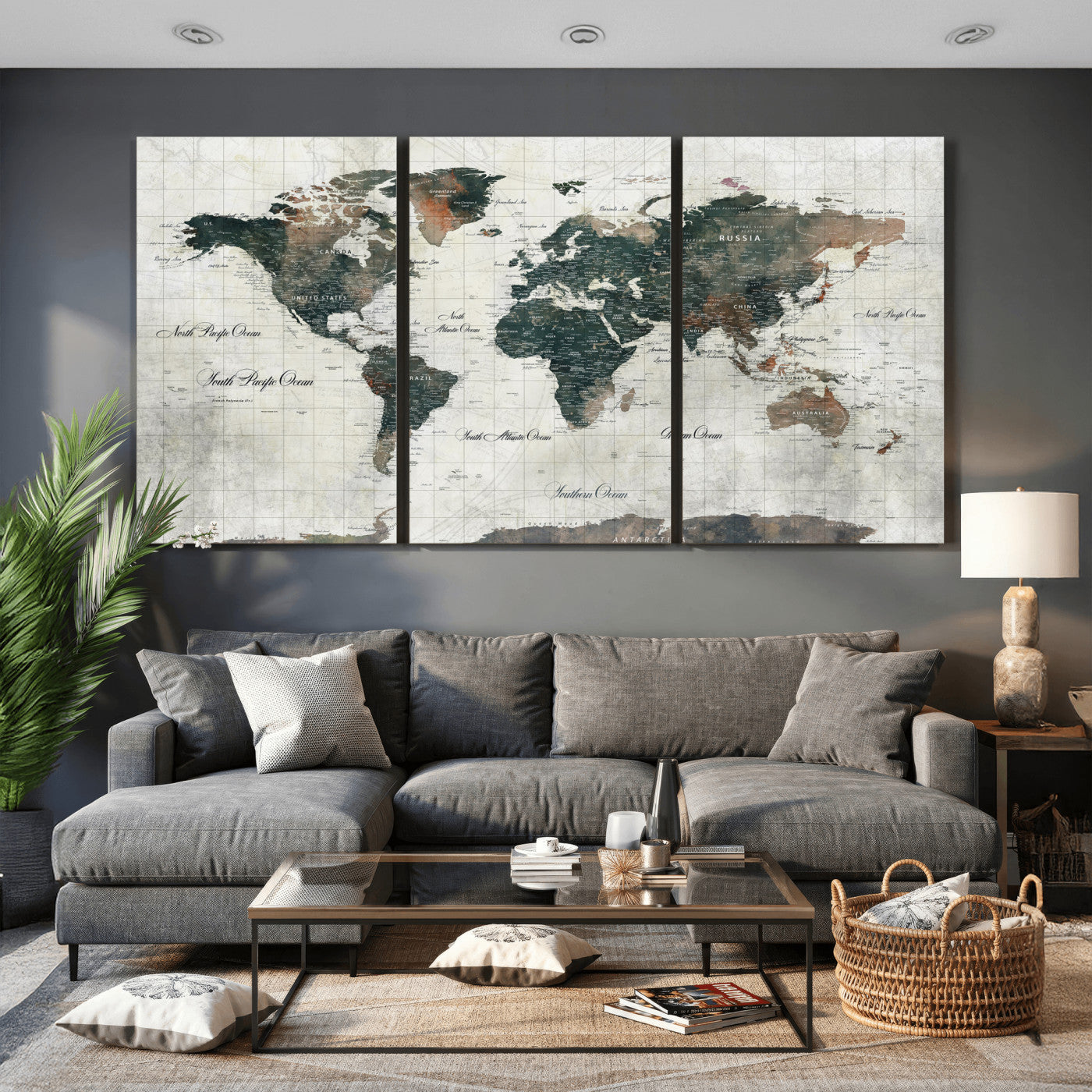91179593-MGV-CV-36X24 - World Map Wall Art Canvas Print, Modern Decorative Framed Map Artwork Prints for Living Room, Office, Bedroom Wall Decor
