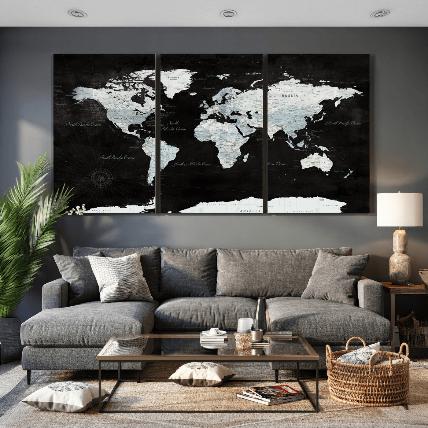 28664806-MGV-CV-36X24 - World Map Wall Art Canvas Print, Modern Decorative Framed Map Artwork Prints for Living Room, Office, Bedroom Wall Decor