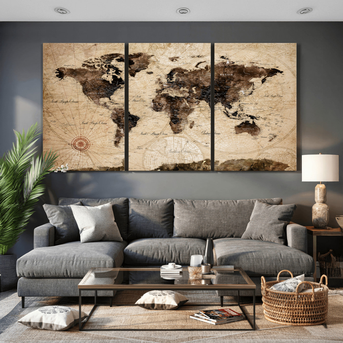 47657418-MGV-CV-36X24 - World Map Wall Art Canvas Print, Modern Decorative Framed Map Artwork Prints for Living Room, Office, Bedroom Wall Decor