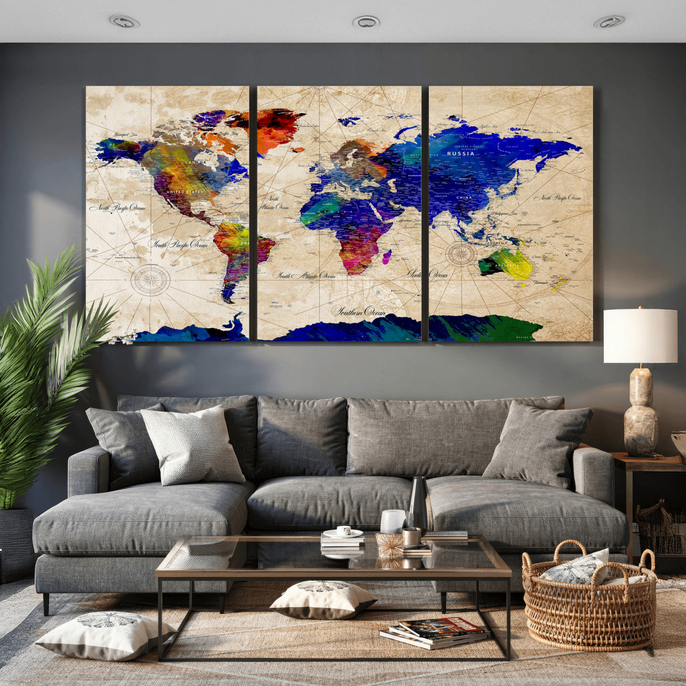 26284075-MGV-CV-36X24 - World Map Wall Art Canvas Print, Modern Decorative Framed Map Artwork Prints for Living Room, Office, Bedroom Wall Decor