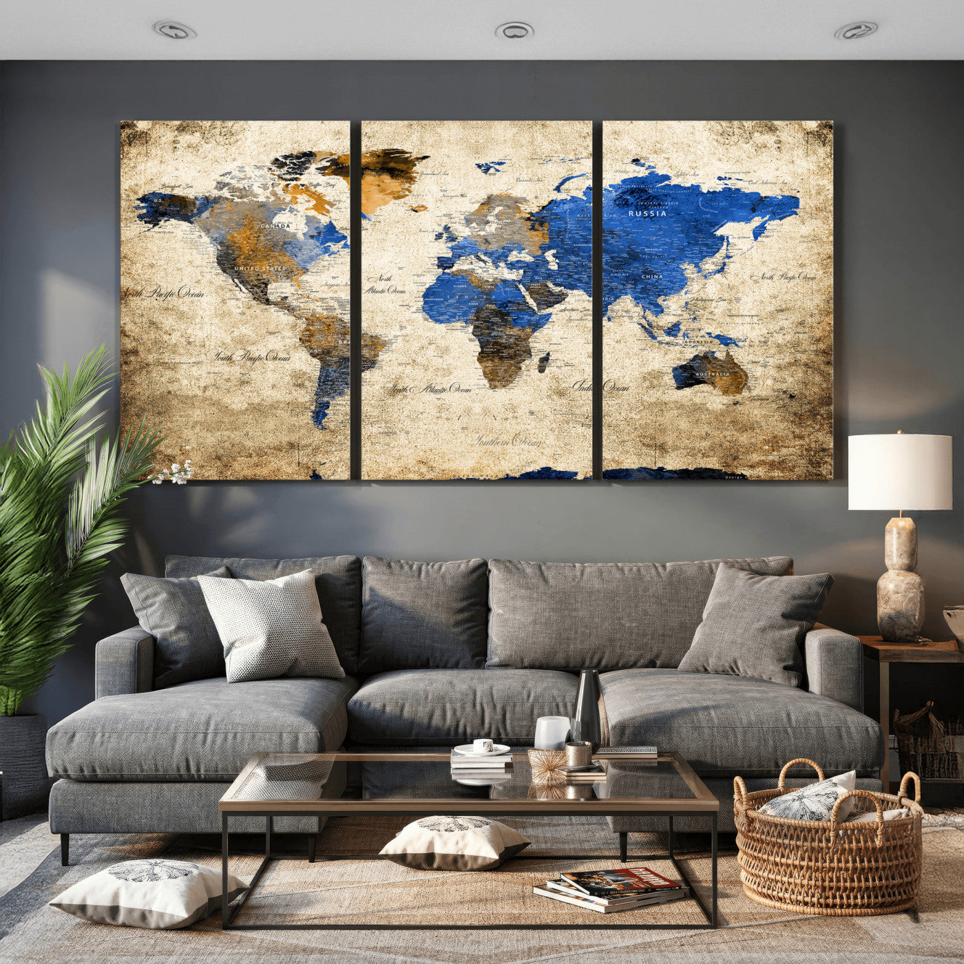 27314341-MGV-CV-36X24 - World Map Wall Art Canvas Print, Modern Decorative Framed Map Artwork Prints for Living Room, Office, Bedroom Wall Decor