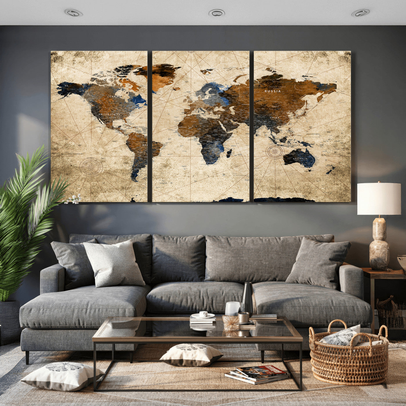 27163414-MGV-CV-36X24 - World Map Wall Art Canvas Print, Modern Decorative Framed Map Artwork Prints for Living Room, Office, Bedroom Wall Decor