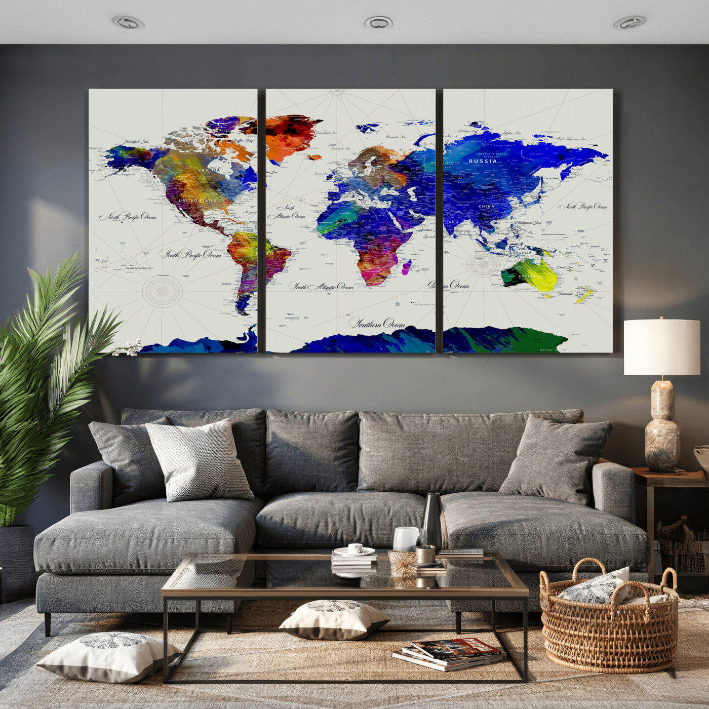 49670038-MGV-CV-36X24 - World Map Wall Art Canvas Print, Modern Decorative Framed Map Artwork Prints for Living Room, Office, Bedroom Wall Decor