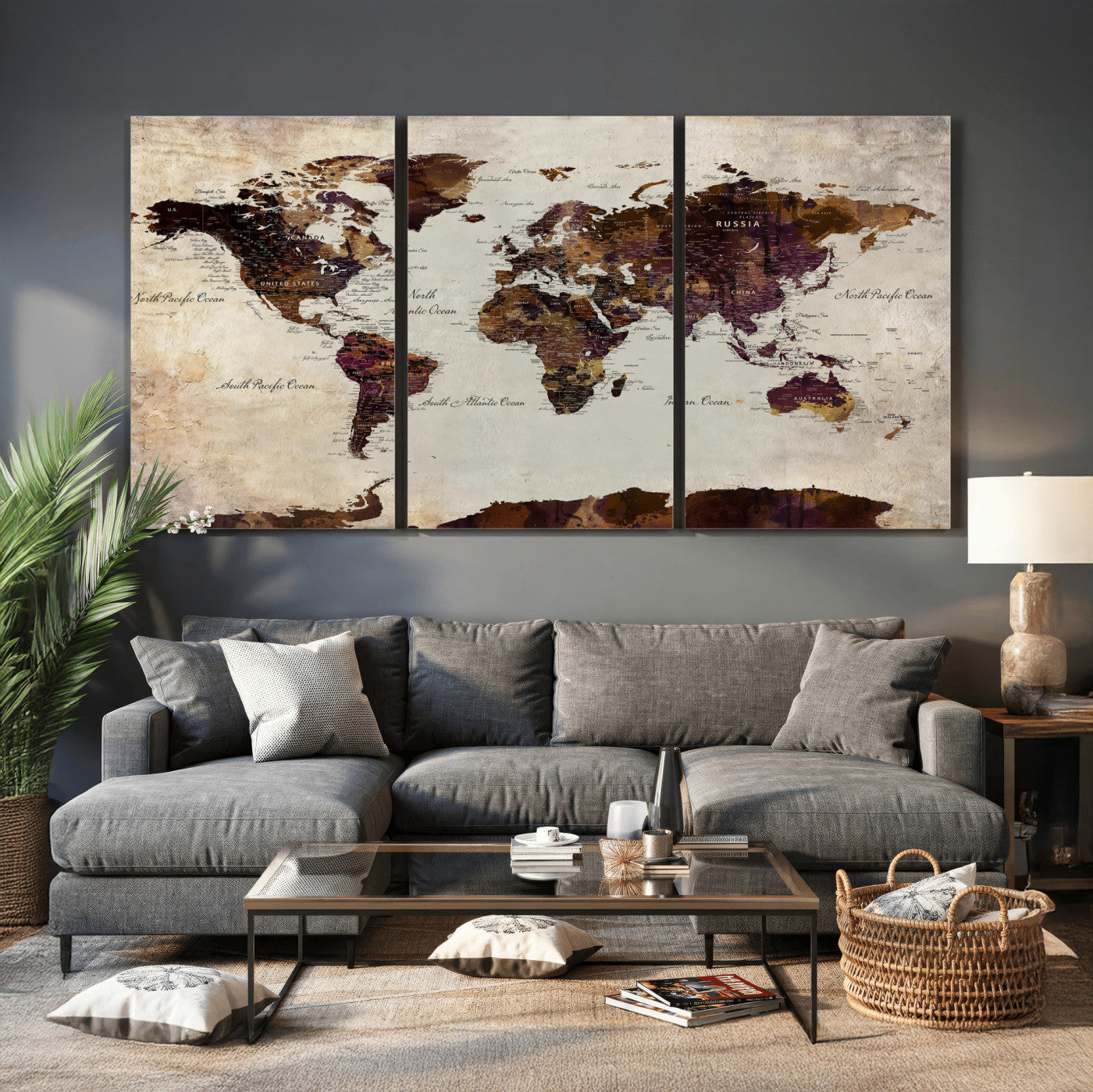50611123-MGV-CV-36X24 - World Map Canvas Triptych – Colorful Global Wall Art for Living Rooms, Offices, and Study Spaces