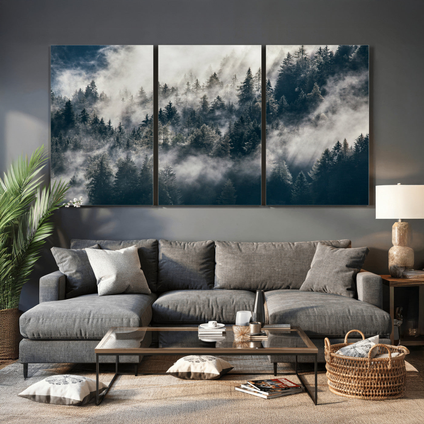 63405824-MGV-CV-36X24 - Foggy Mountain Forest Canvas Print, Misty Pine Trees Nature Wall Art, Framed Canvas Ready to Hang