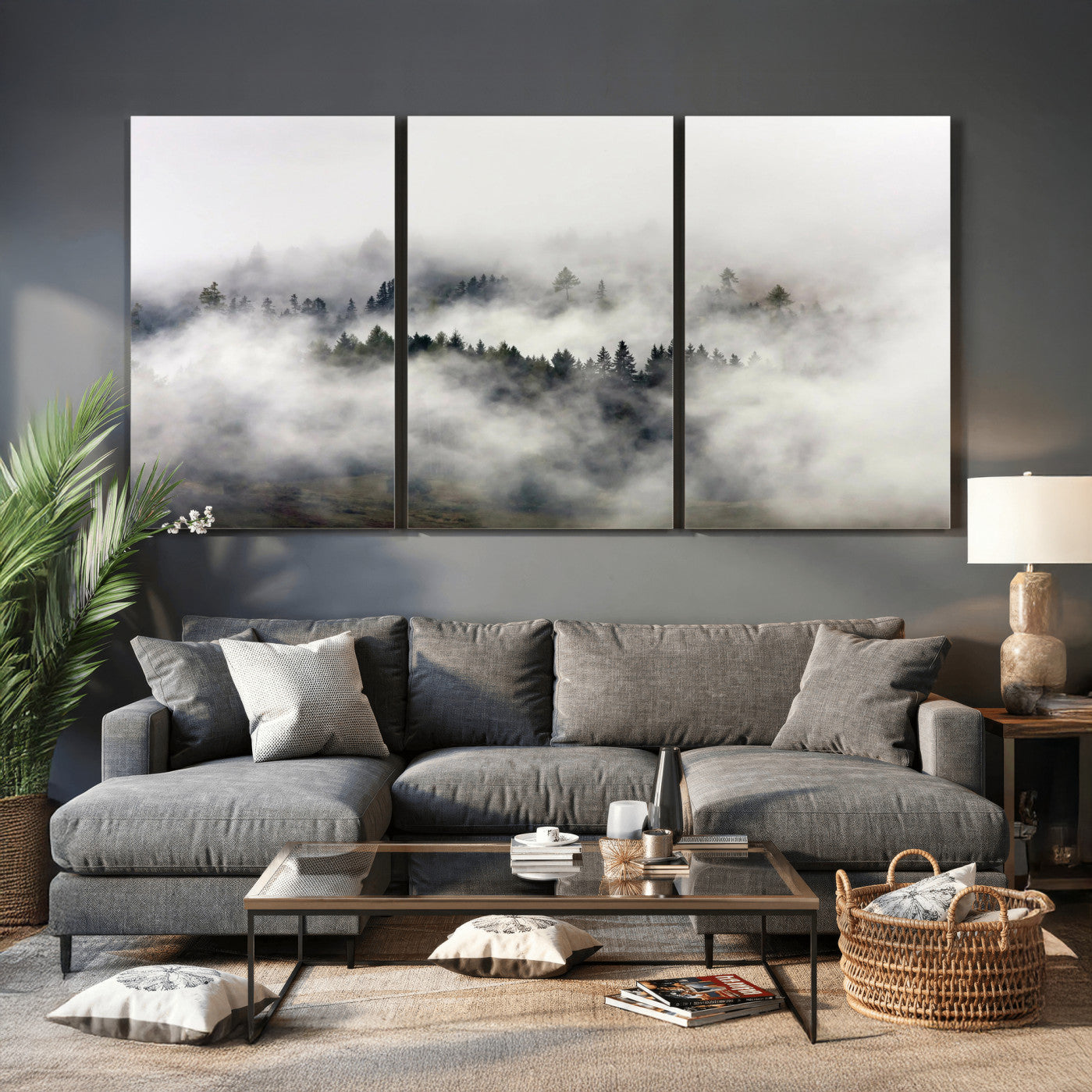 63235457-MGV-CV-36X24 - Foggy Forest Wall Art Canvas Print, Misty Pine Tree Landscape Wall Art Print, Framed Wall Art Ready to Hang