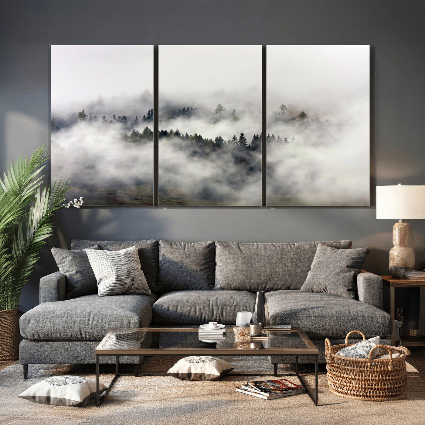 63235457-MGV-CV-36X24 - Foggy Forest Wall Art Canvas Print, Misty Pine Tree Landscape Wall Art Print, Framed Wall Art Ready to Hang