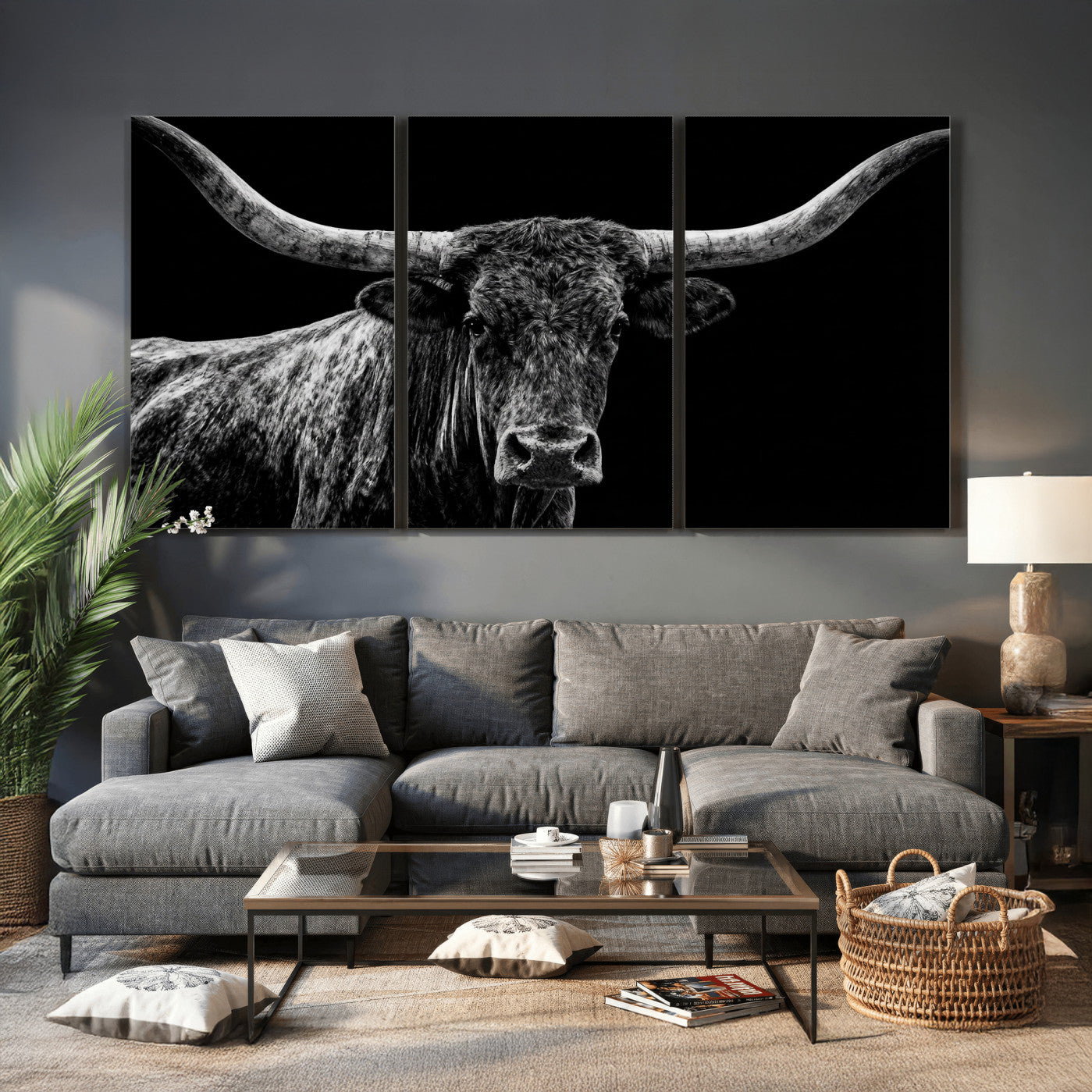 86568508-MGV-CV-36X24 - Vintage Texas Longhorn Bull Wall Art Canvas Print, Texas Cow Portrait Print, Framed Bull Wall Art Ready to Hang