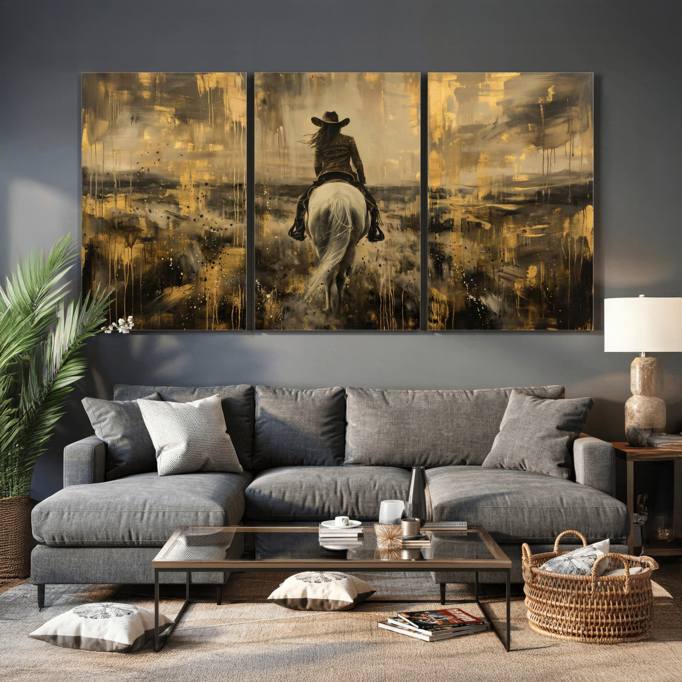 20465530-MGV-CV-36X24 - Cowgirl Wall Art Canvas Print, Western Horse Rider Wall Art, Framed Wall Art Ready to Hang