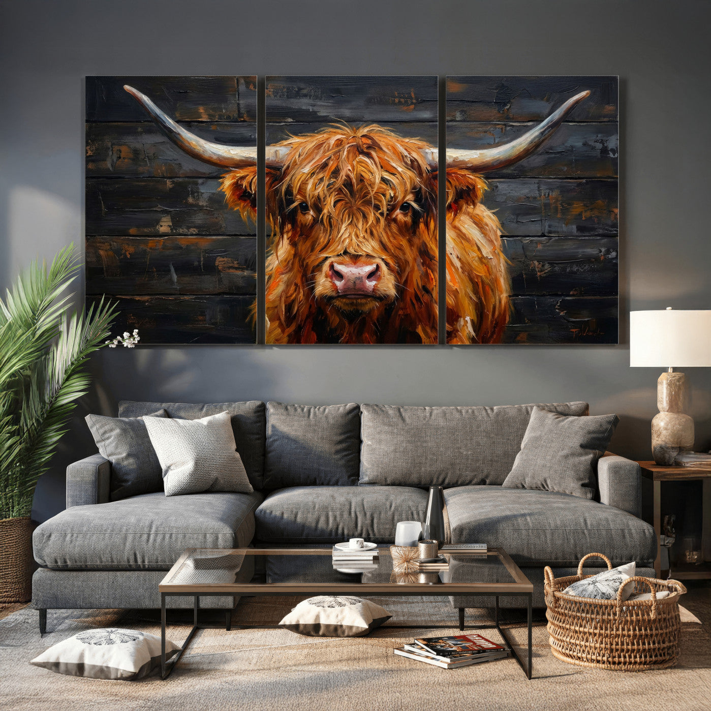 32536611-MGV-CV-36X24 - Highland Cow Wall Art Canvas Print, Rustic Farm Animal Painting, Framed Wall Art Ready to Hang