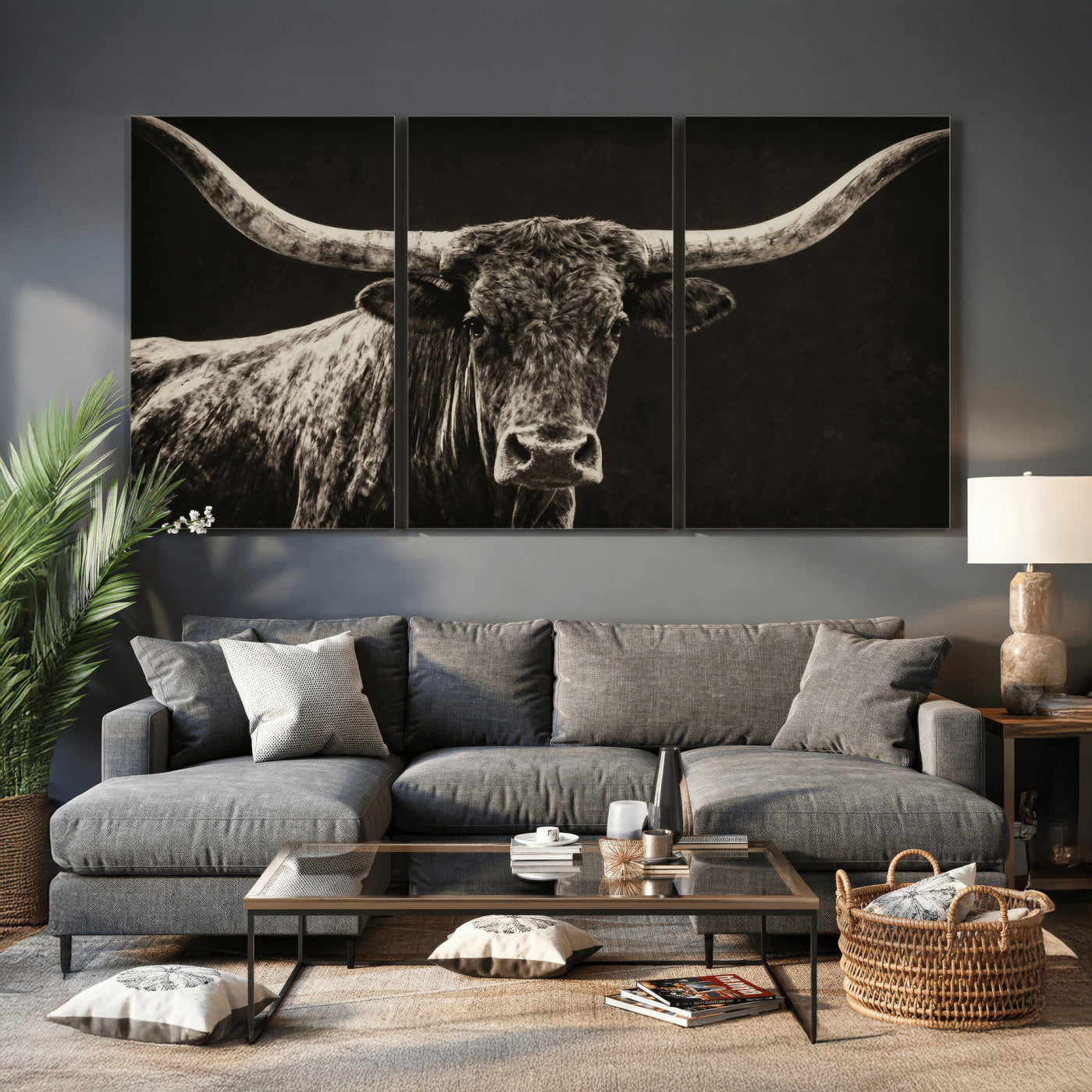 74513721-MGV-CV-36X24 - Vintage Texas Longhorn Bull Wall Art Canvas Print, Cow Portrait Photography Print, Framed Wall Art Ready to Hang