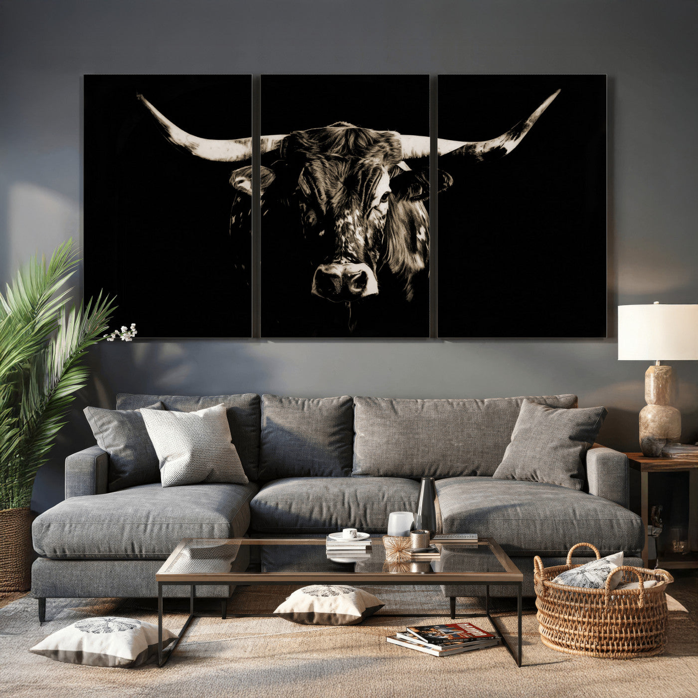 75774468-MGV-CV-36X24 - Black Bull Wall Art Canvas Print, Dark Longhorn Portrait Photography, Framed Wall Art Ready to Hang