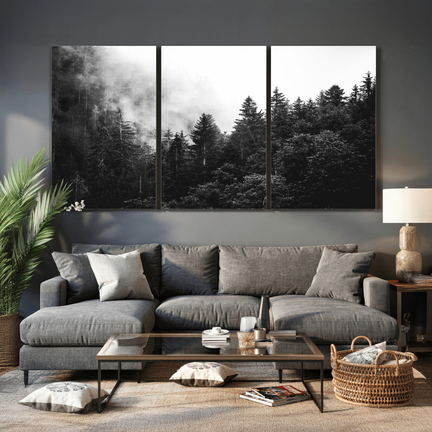 98764151-MGV-CV-36X24 - Black and White Forest Wall Art Canvas Print, Misty Pine Tree Landscape Photography, Framed Wall Art Ready to Hang