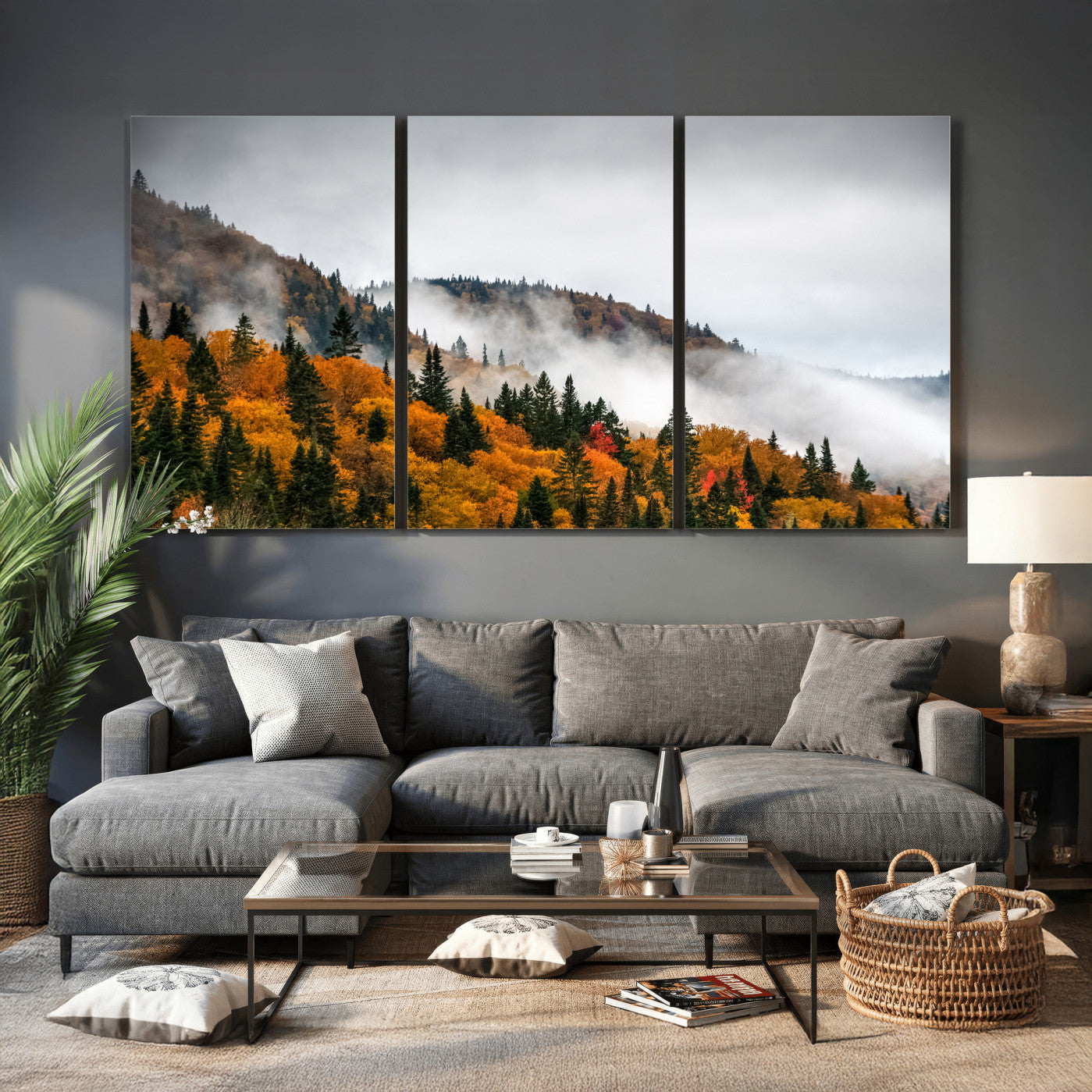 93581632-MGV-CV-36X24 - Autumn Forest Wall Art Canvas Print, Foggy Mountain Landscape Nature Photography, Framed Wall Art Ready to Hang