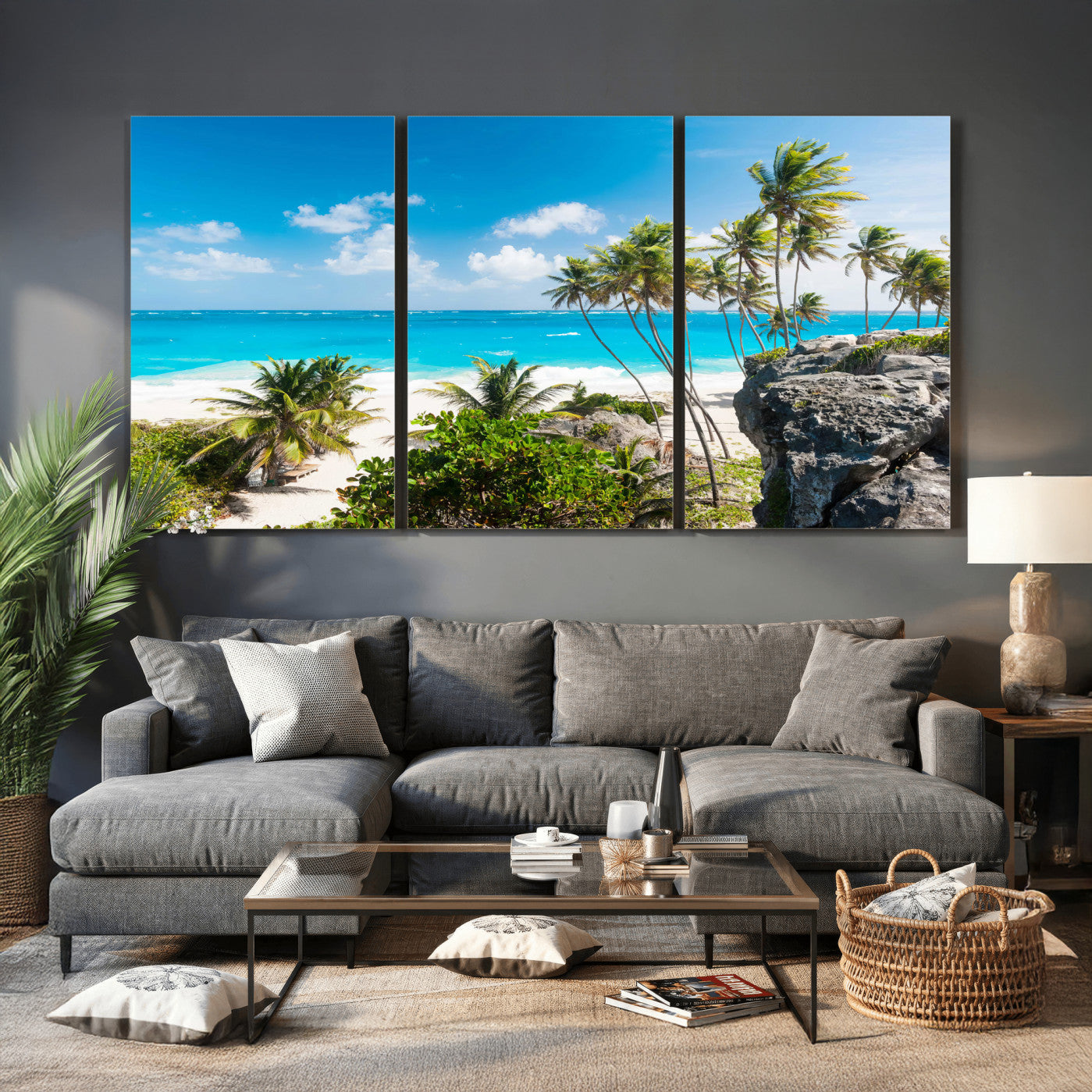79995168-MGV-CV-36X24 - Barbados Beach Wall Art Canvas Print, Palm Tree Ocean Landscape, Turquoise Sea Coastal Photography, Tropical Island Wall Decor, Framed Ready to Hang