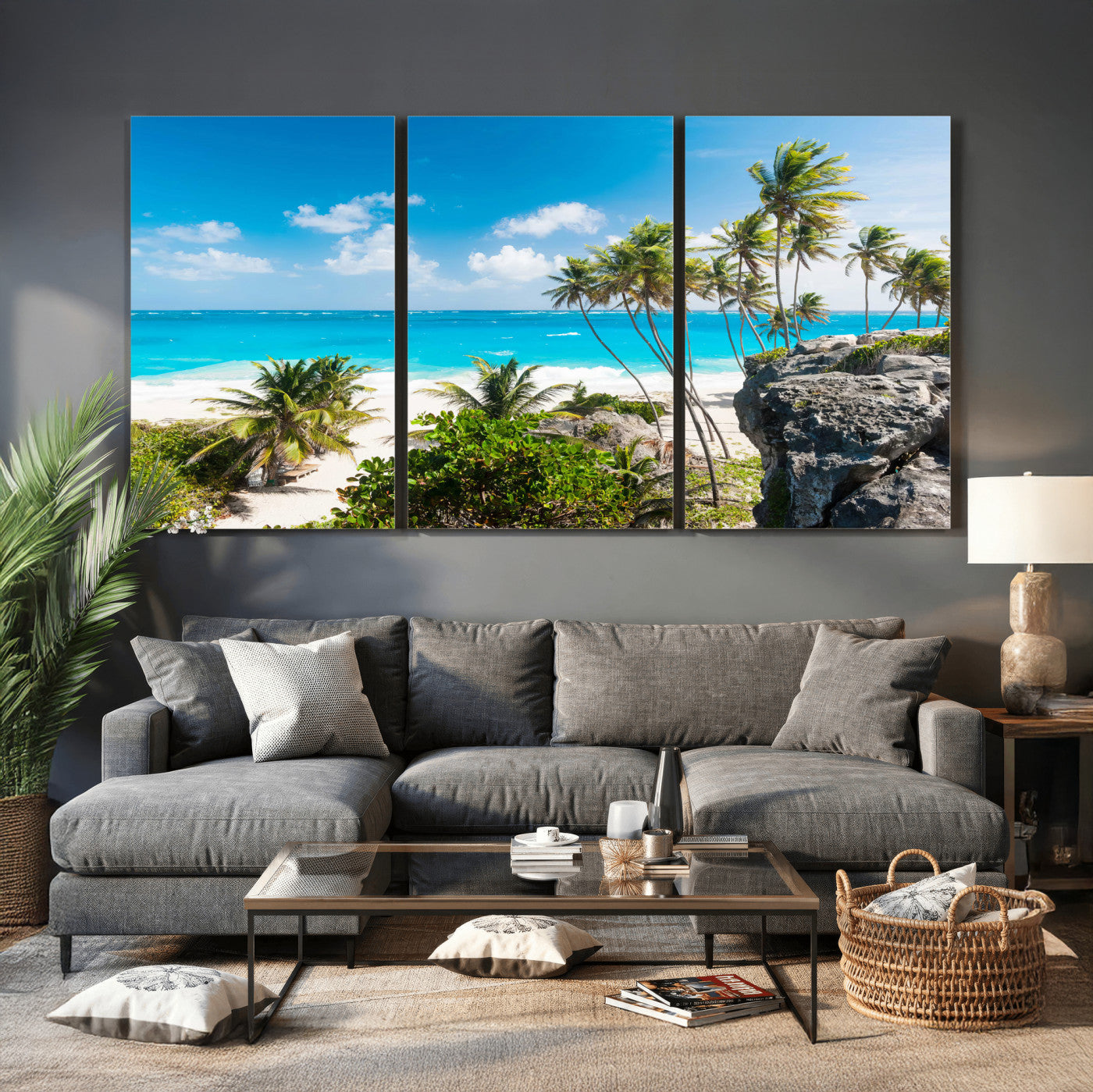 79995168-MGV-CV-36X24 - Barbados Beach Wall Art Canvas Print, Palm Tree Ocean Landscape, Turquoise Sea Coastal Photography, Tropical Island Wall Decor, Framed Ready to Hang