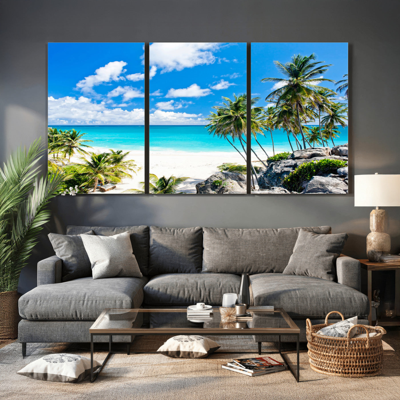 29232878-MGV-CV-36X24 - Barbados Beach Wall Art Canvas Print, Palm Tree Ocean Landscape, Turquoise Sea Coastal Photography, Tropical Island Wall Decor, Framed Ready to Hang
