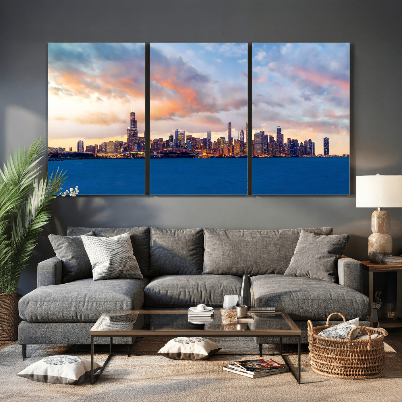 34667960-MGV-CV-36X24 - Chicago Wall Art Canvas Print, Chicago City Downtown Night Cityscape Print for Modern Urban Wall Decor