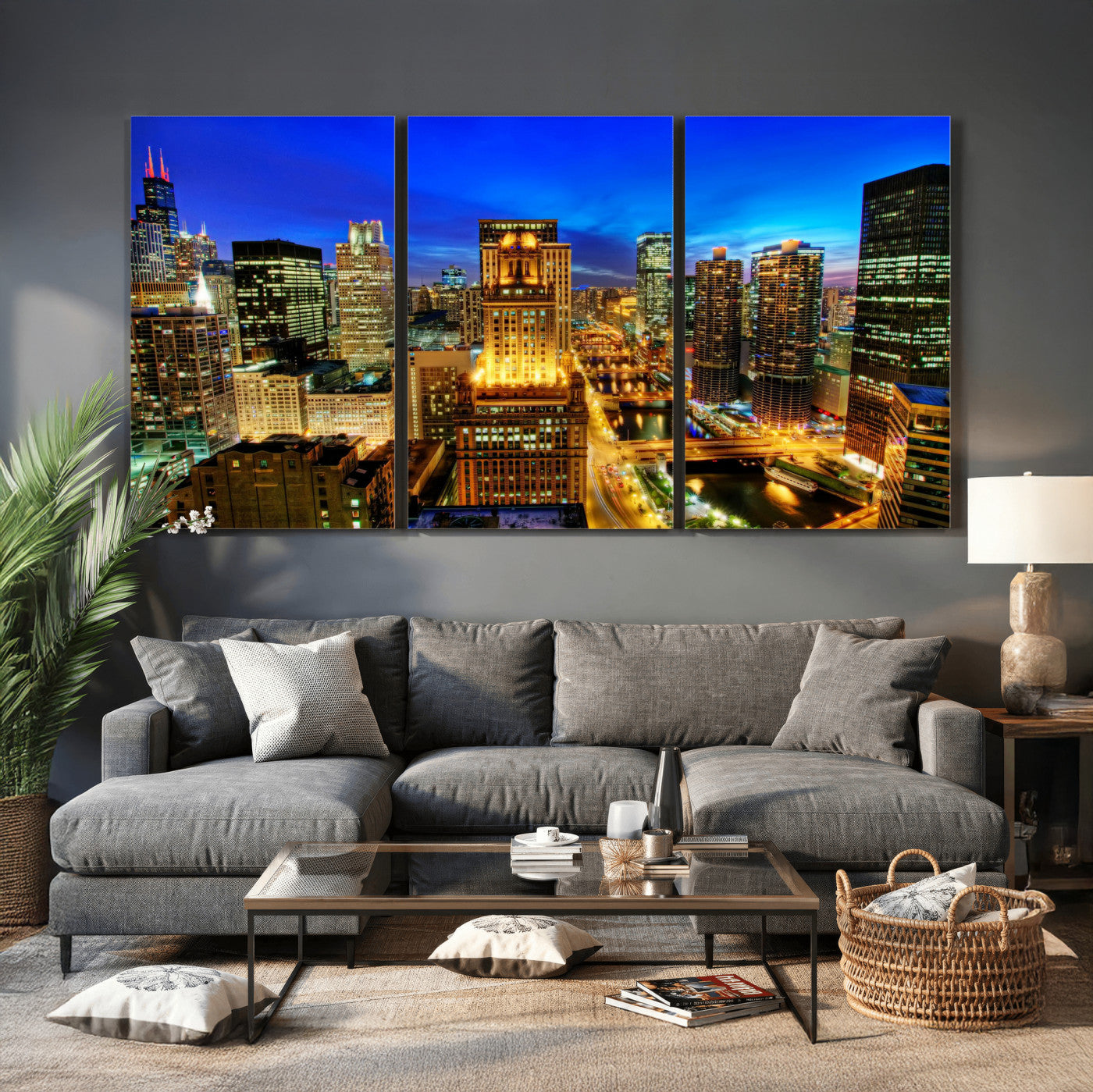 46298885-MGV-CV-36X24 - Chicago Wall Art Canvas Print, Chicago City Downtown Night Cityscape Print for Modern Urban Wall Decor
