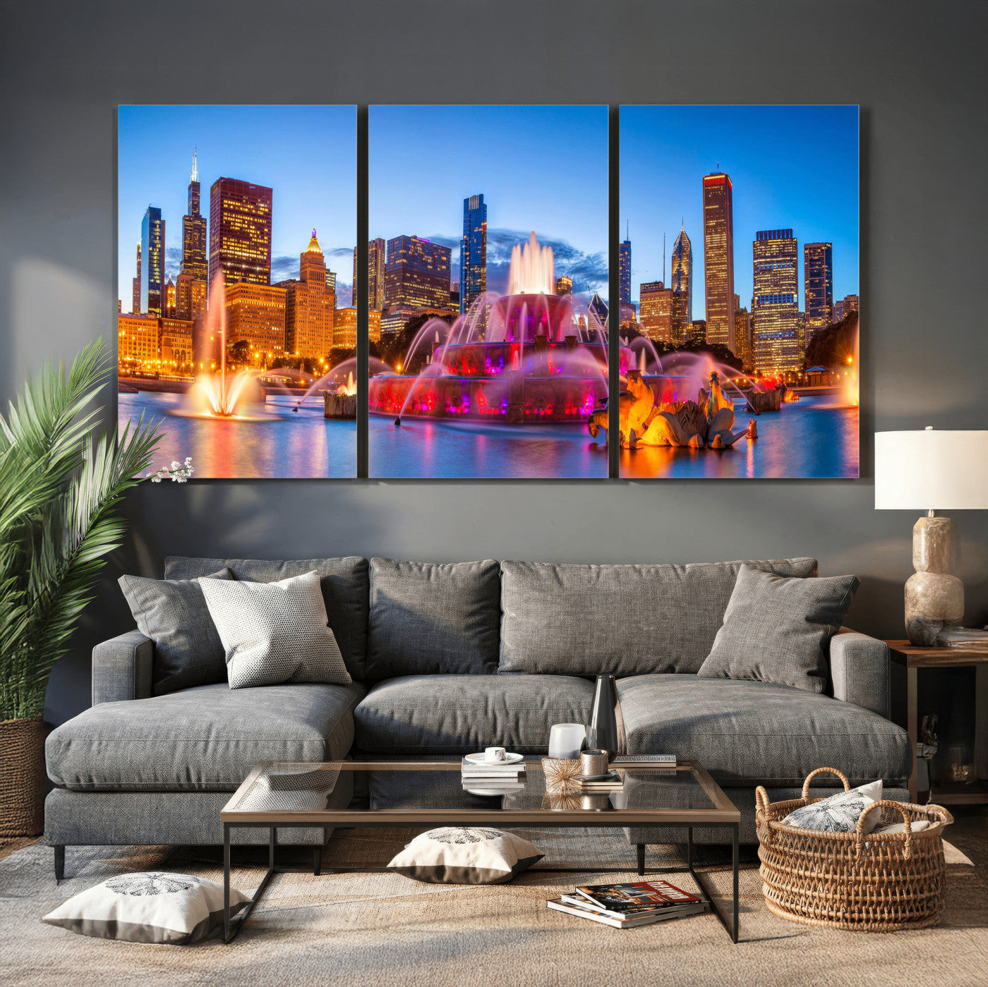 20251989-MGV-CV-36X24 - Chicago Wall Art Canvas Print, Chicago City Downtown Night Cityscape Print for Modern Urban Wall Decor