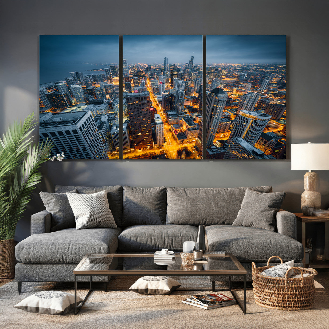 81742538-MGV-CV-36X24 - Chicago Wall Art Canvas Print, Chicago City Downtown Night Cityscape Print for Modern Urban Wall Decor