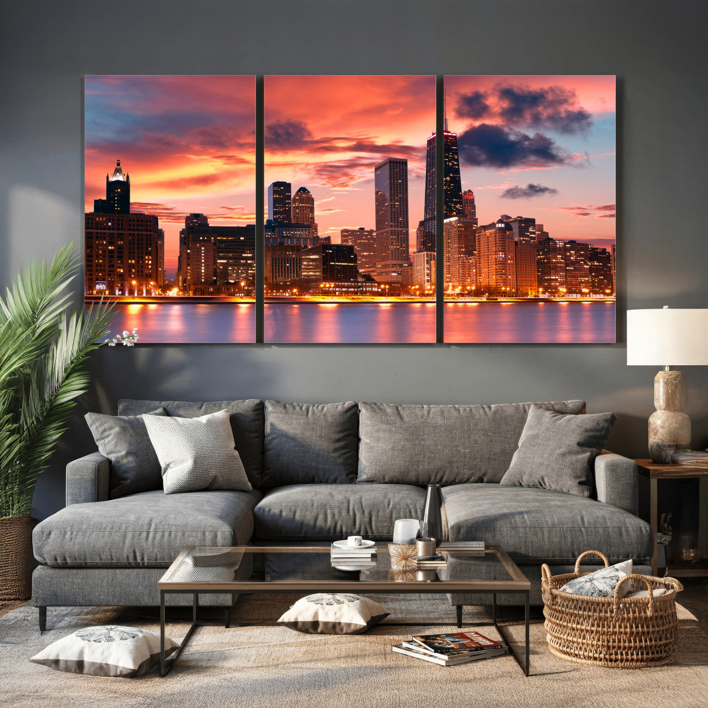 80390109-MGV-CV-36X24 - Chicago Wall Art Canvas Print, Chicago City Downtown Night Cityscape Print for Modern Urban Wall Decor