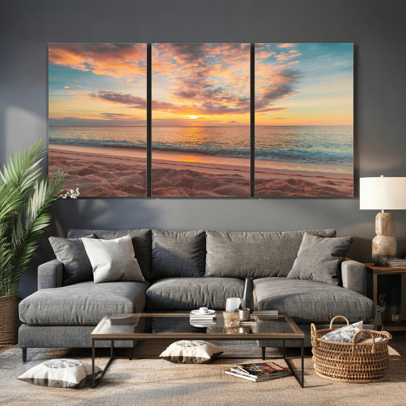 47151409-MGV-CV-36X24 - Sunset Beach Walk Wall Art Canvas Print – Soft Coastal Photography Artwork Print for Bedroom, Living Room, and Serene Home Decor