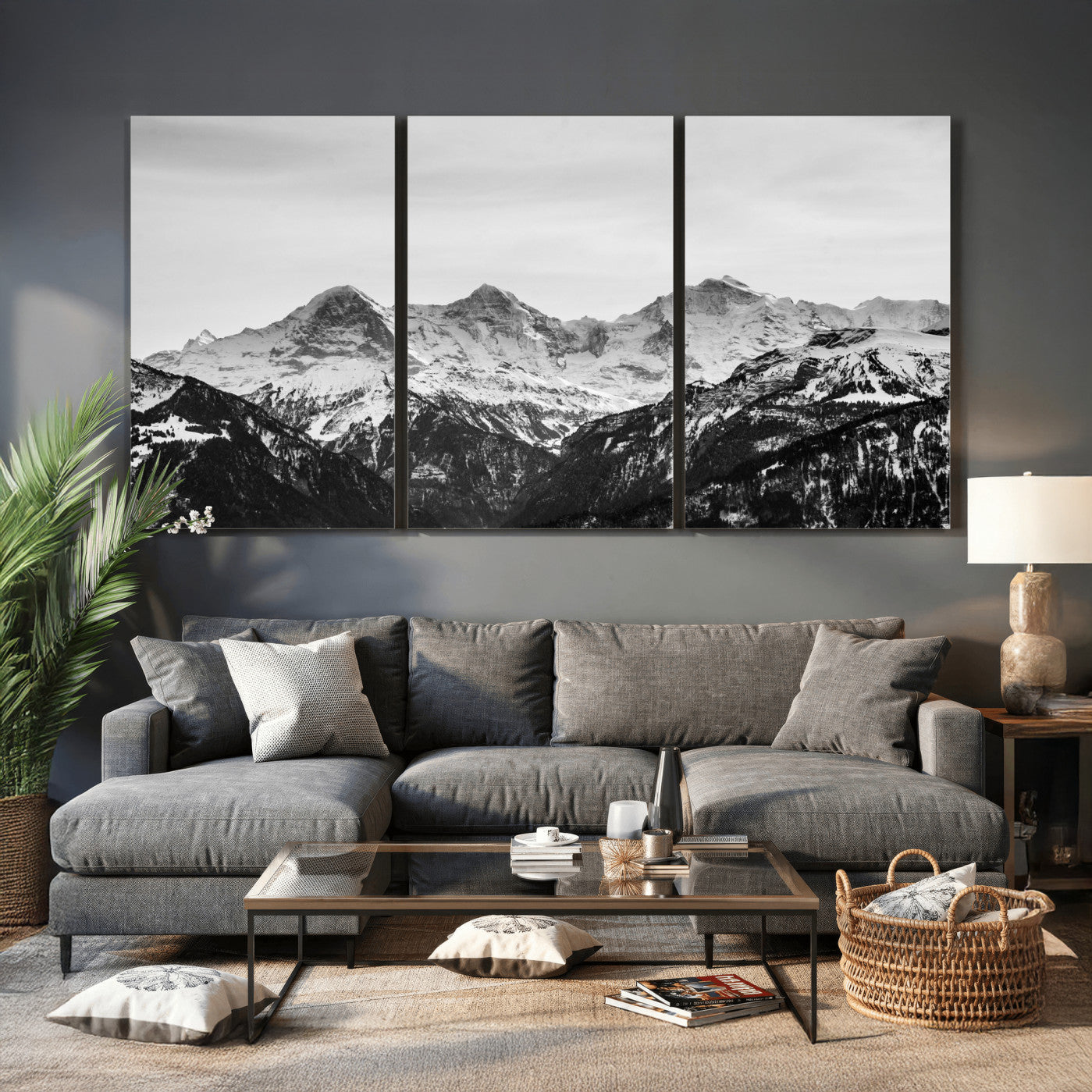 85684934-MGV-CV-36X24 - Black and White Mountain Wall Art Canvas Print, Snowy Alpine Peaks Landscape Photography, Minimal Monochrome Mountain Art, Scenic Nature Wall Decor