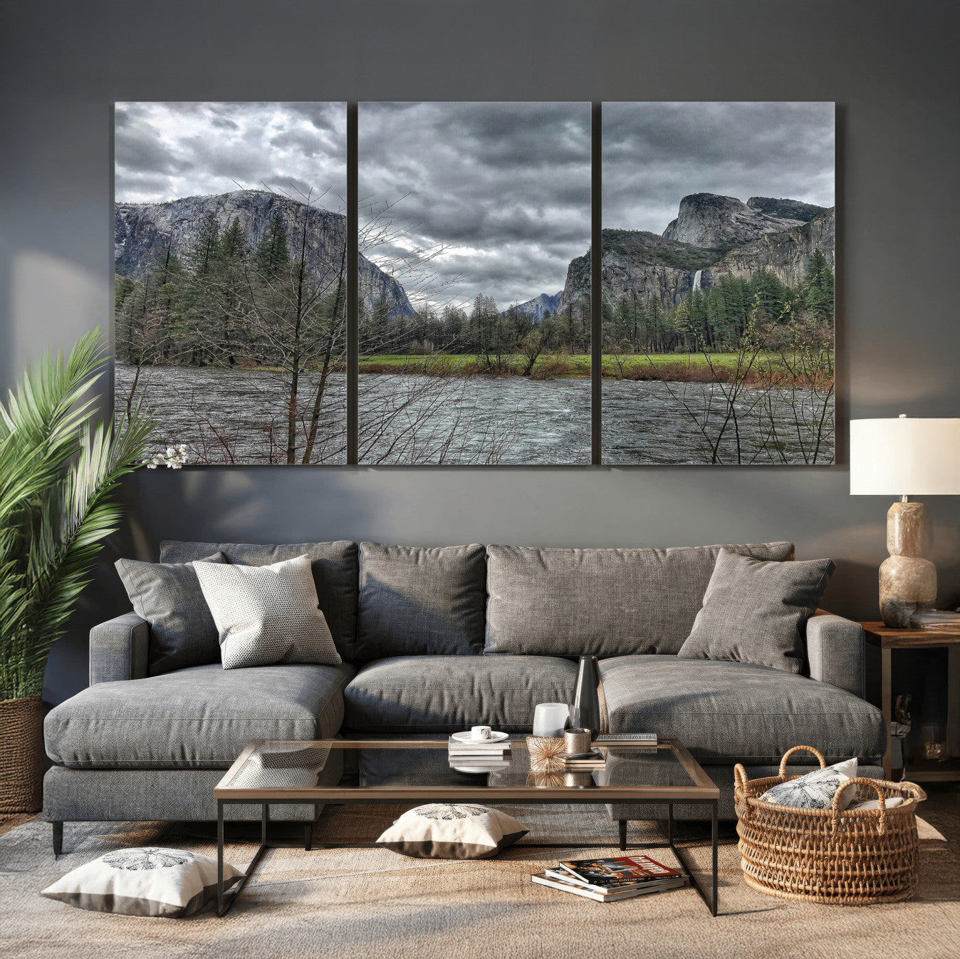 75582552-MGV-CV-36X24 - Yosemite Valley River Landscape Wall Art Canvas Print, Granite Cliffs Forest River Canvas Print, California National Park Moody Scenic Art Printi