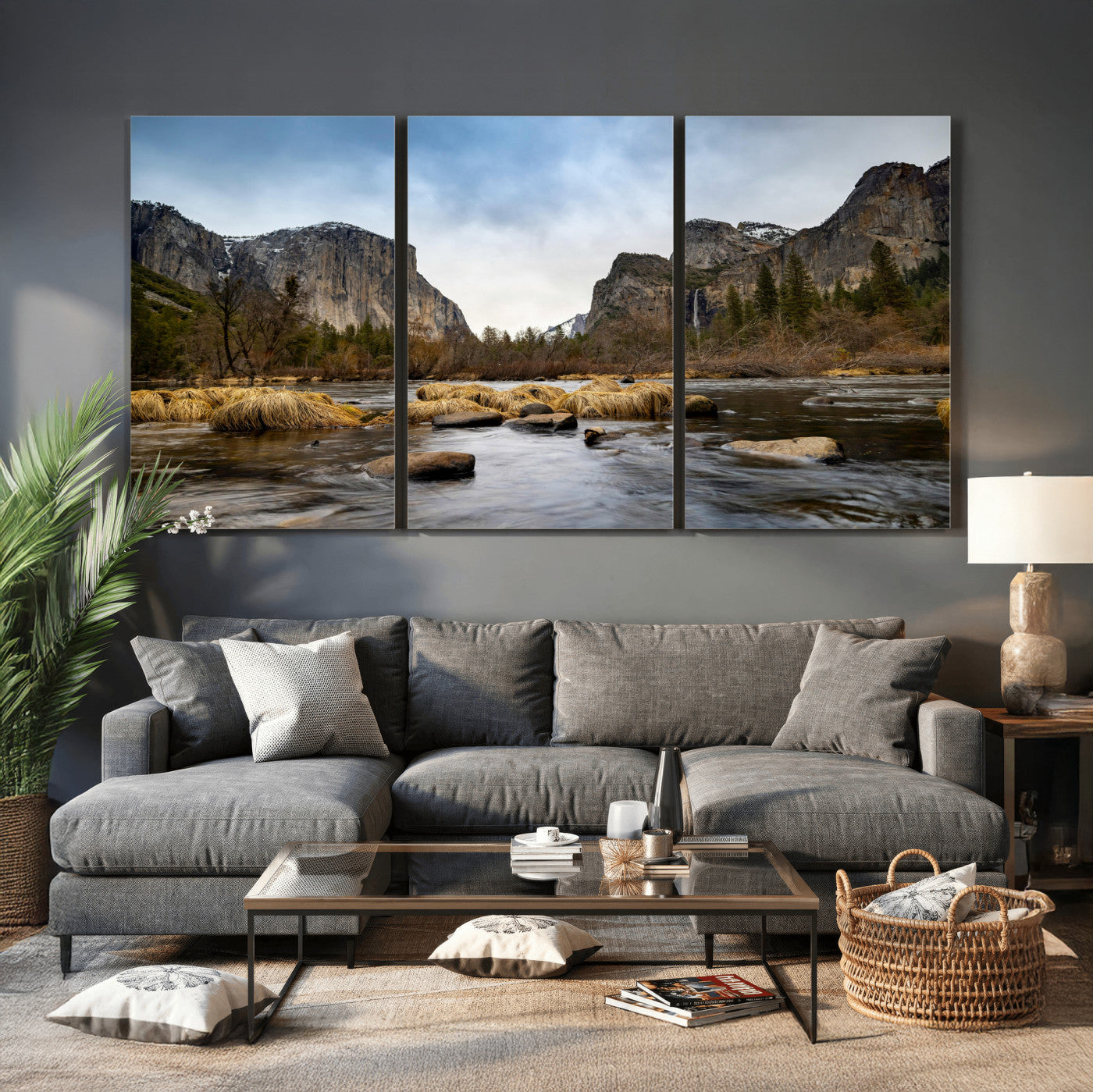 20458404-MGV-CV-36X24 - Yosemite Valley Mountain Landscape Wall Art Canvas Print, Granite Cliff Forest Valley Canvas Print, California National Park Scenic Art Printing