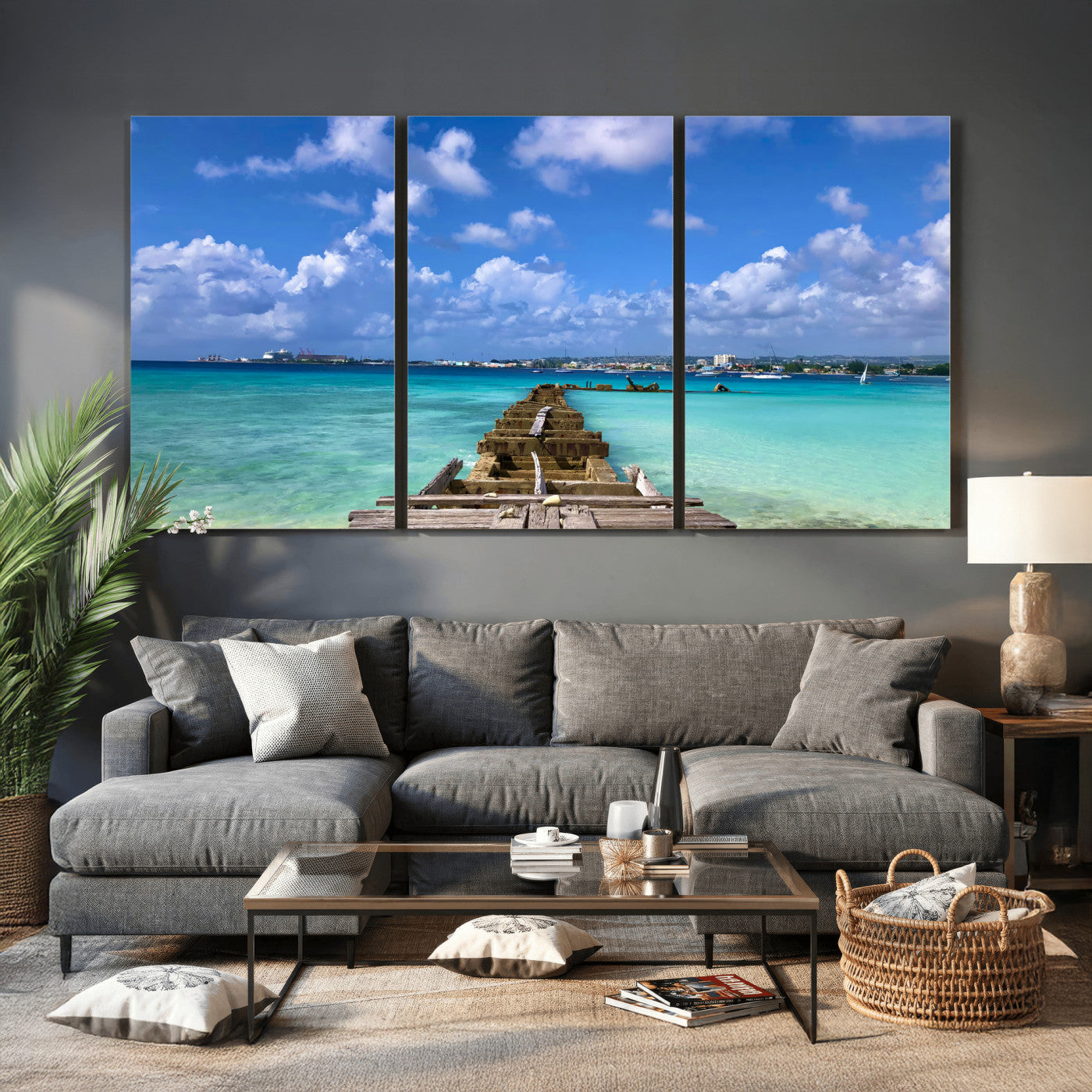43165024-MGV-CV-36X24 - Caribbean Ocean Pier Seascape Wall Art Canvas Print, Turquoise Sea Tropical Harbor Canvas Print, Island Coastal Blue Water Scenic Art Printing
