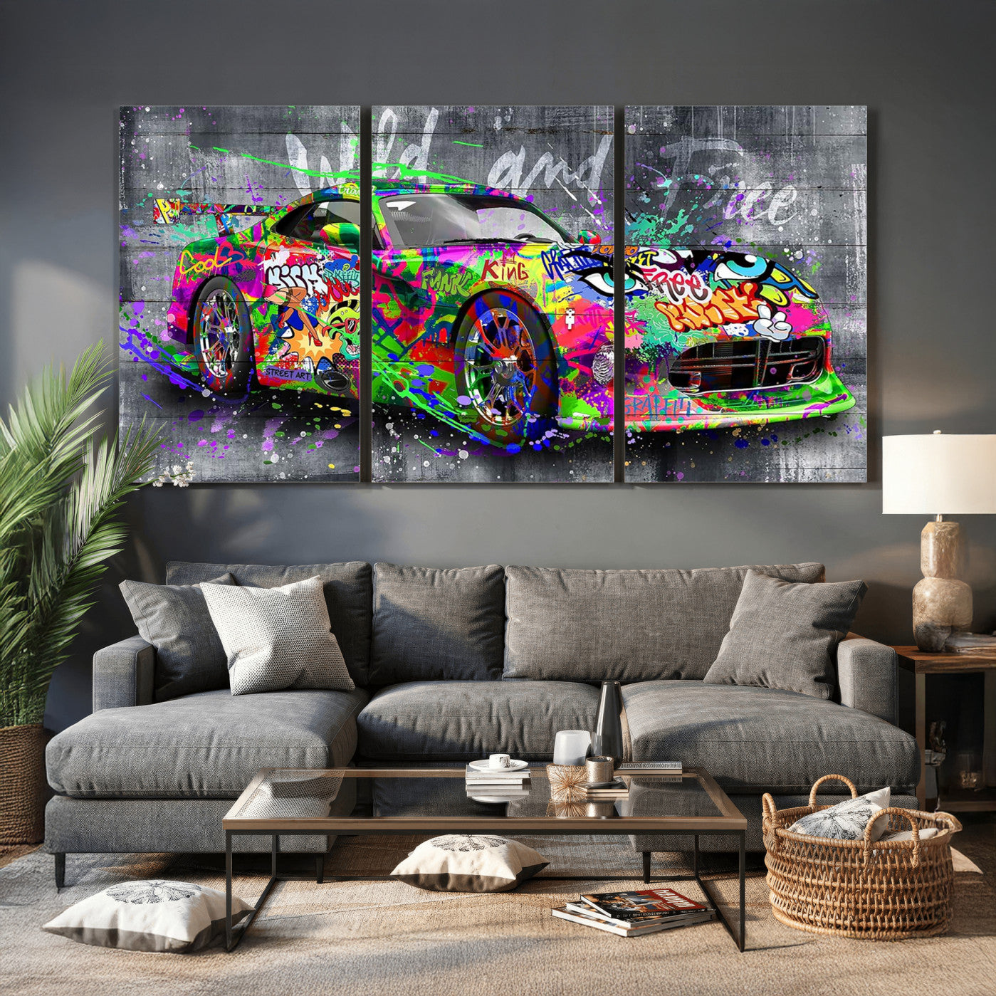 95314968-MGV-CV-36X24 - Graffiti Sports Car Street Art Wall Art Canvas Print, Colorful Urban Supercar Pop Art Canvas Print, Modern Graffiti Car Contemporary Art Printing